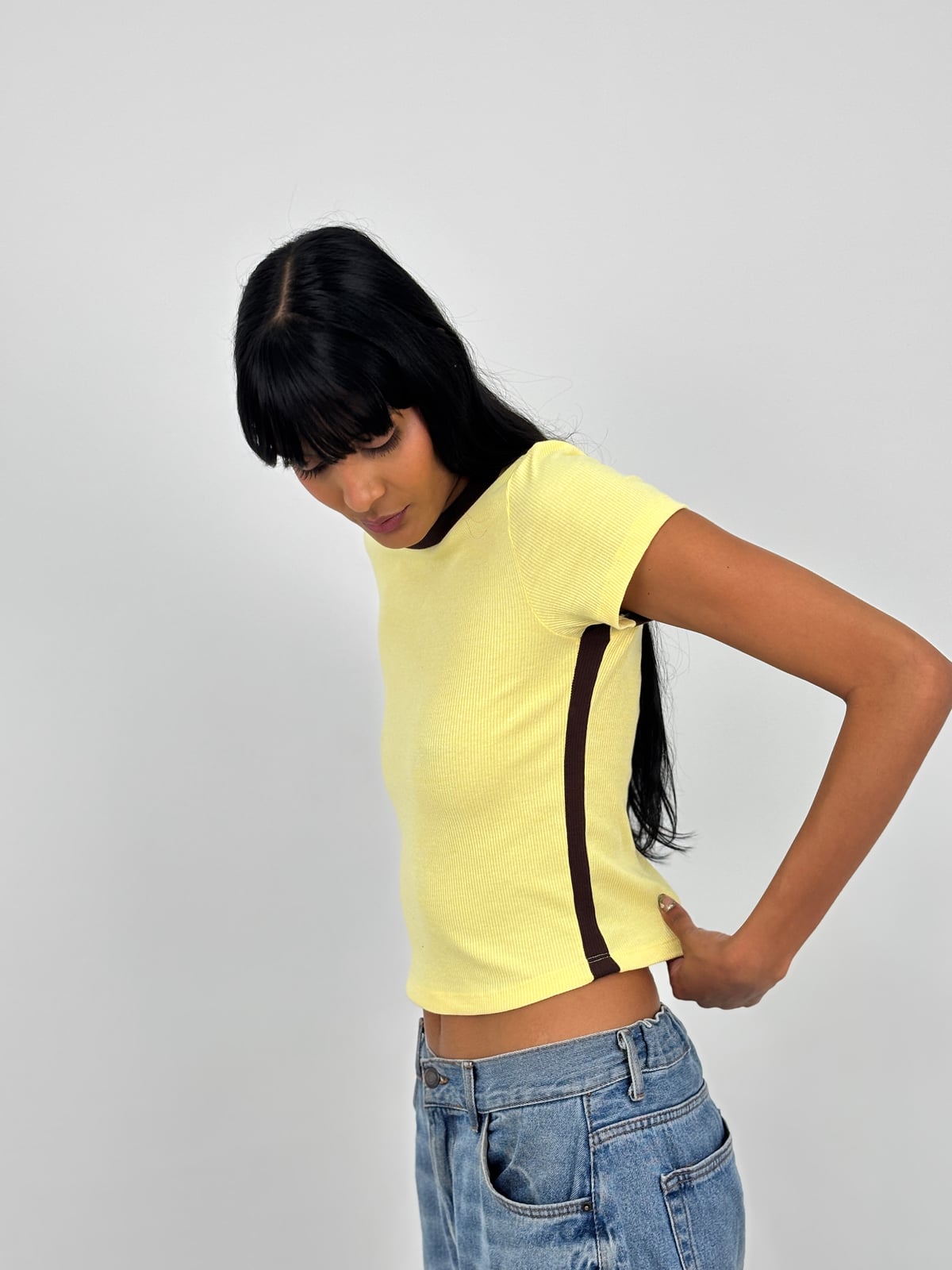 Blusa Cuello Redondo Dama Rib blank, color amarillo sesgo café - Tu Prenda