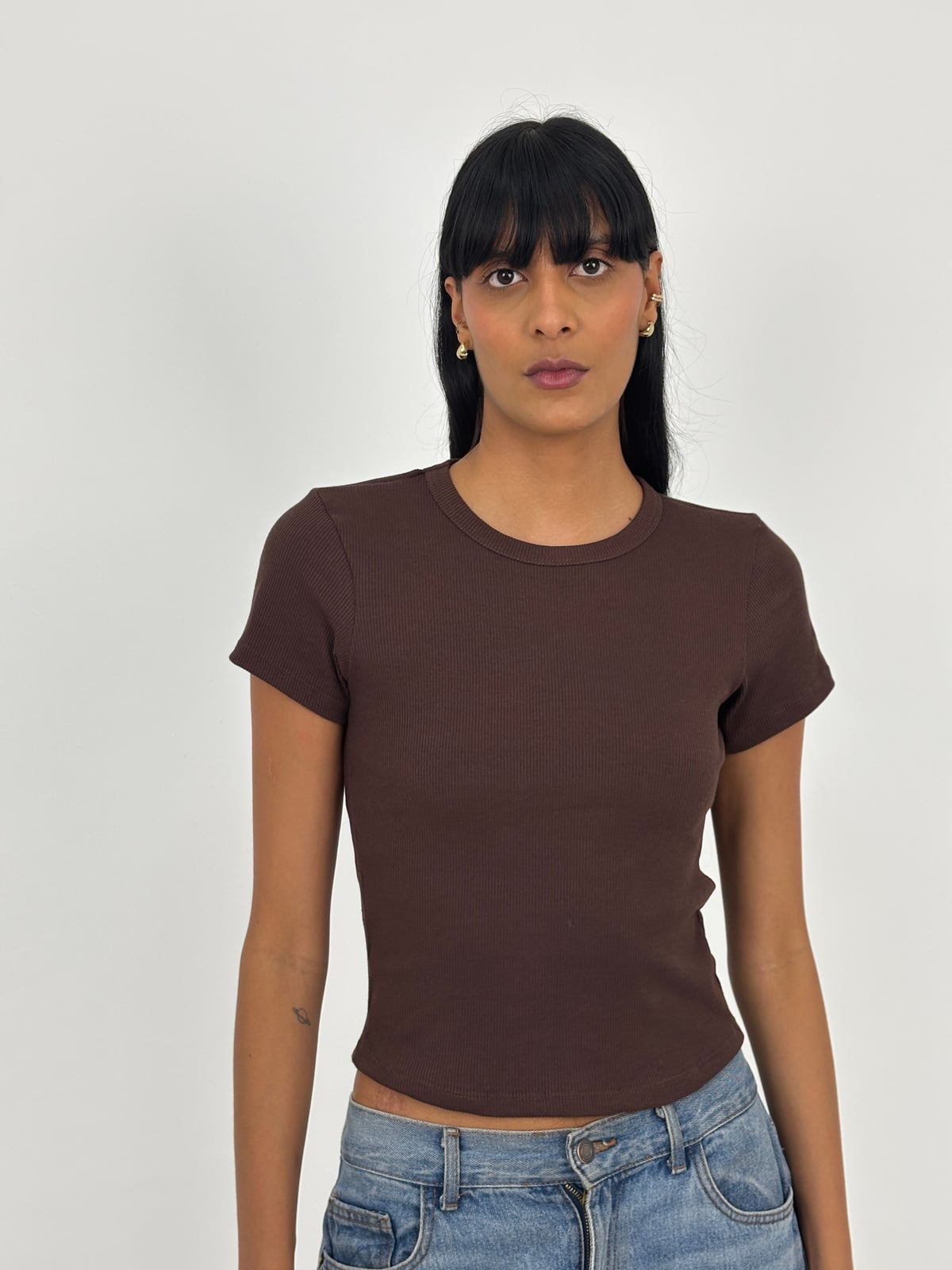 Blusa Cuello Redondo Dama Rib blank, color café sesgo café - Tu Prenda