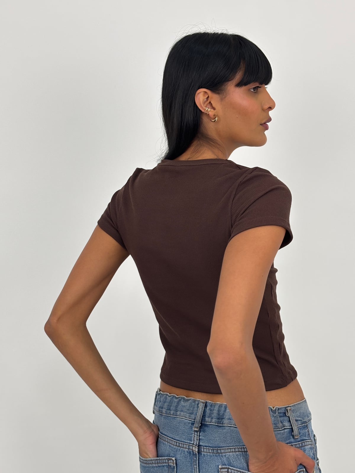 Blusa Cuello Redondo Dama Rib blank, color café sesgo café - Tu Prenda