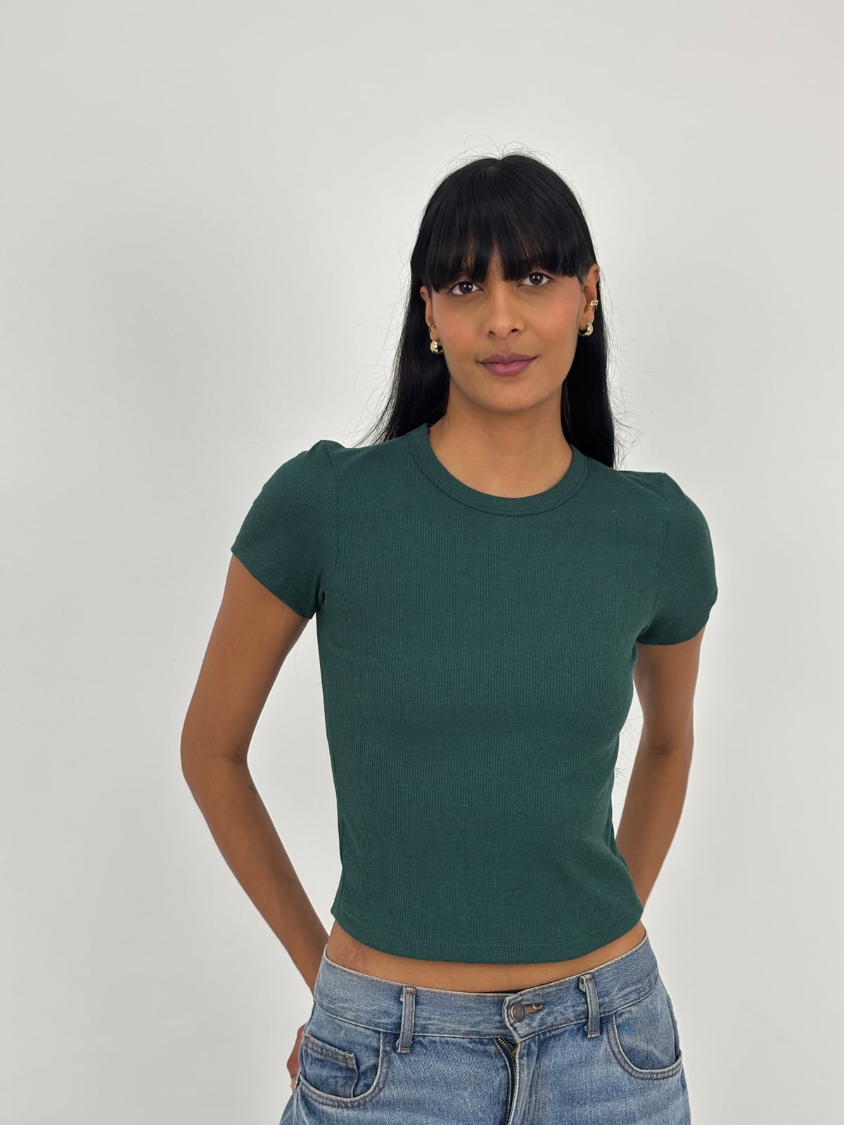 Blusa Cuello Redondo Dama Rib blank, color verde botella sesgo verde botella - Tu Prenda