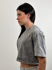 Crop Top Dama Acid Wash blank, color gris - Tu Prenda