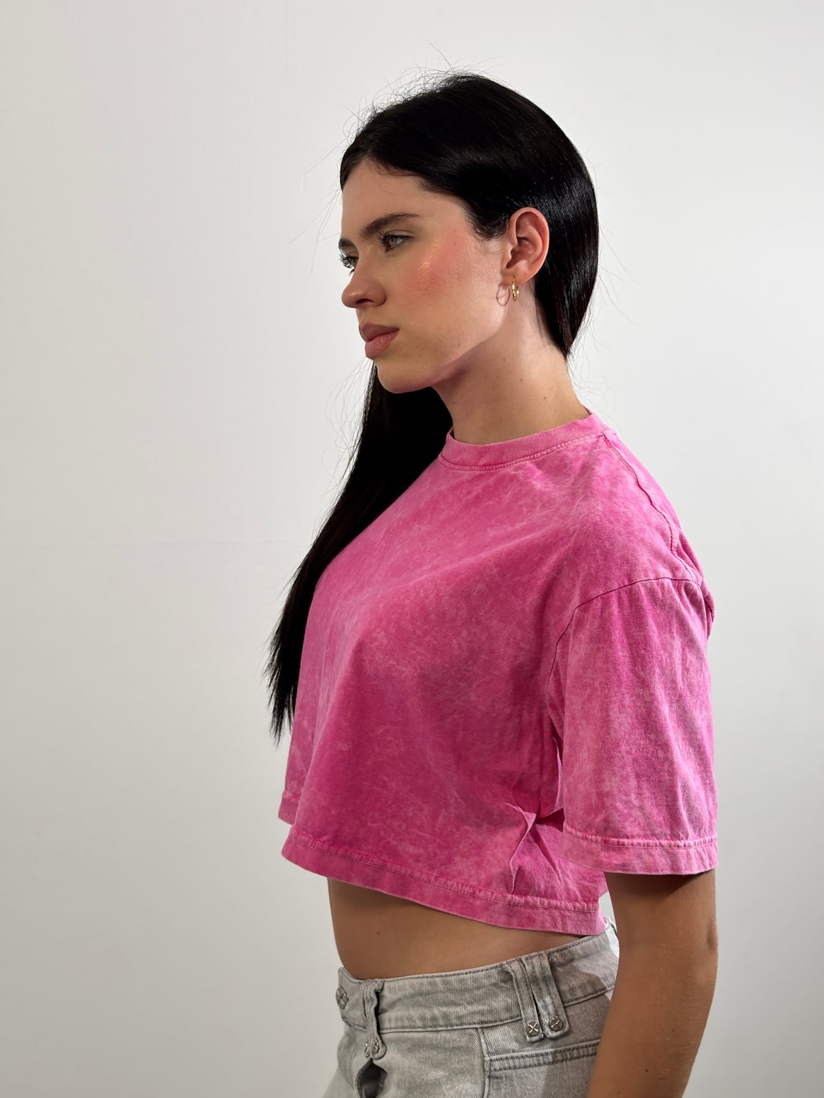 Crop Top Dama Acid Wash blank, color rosado - Tu Prenda